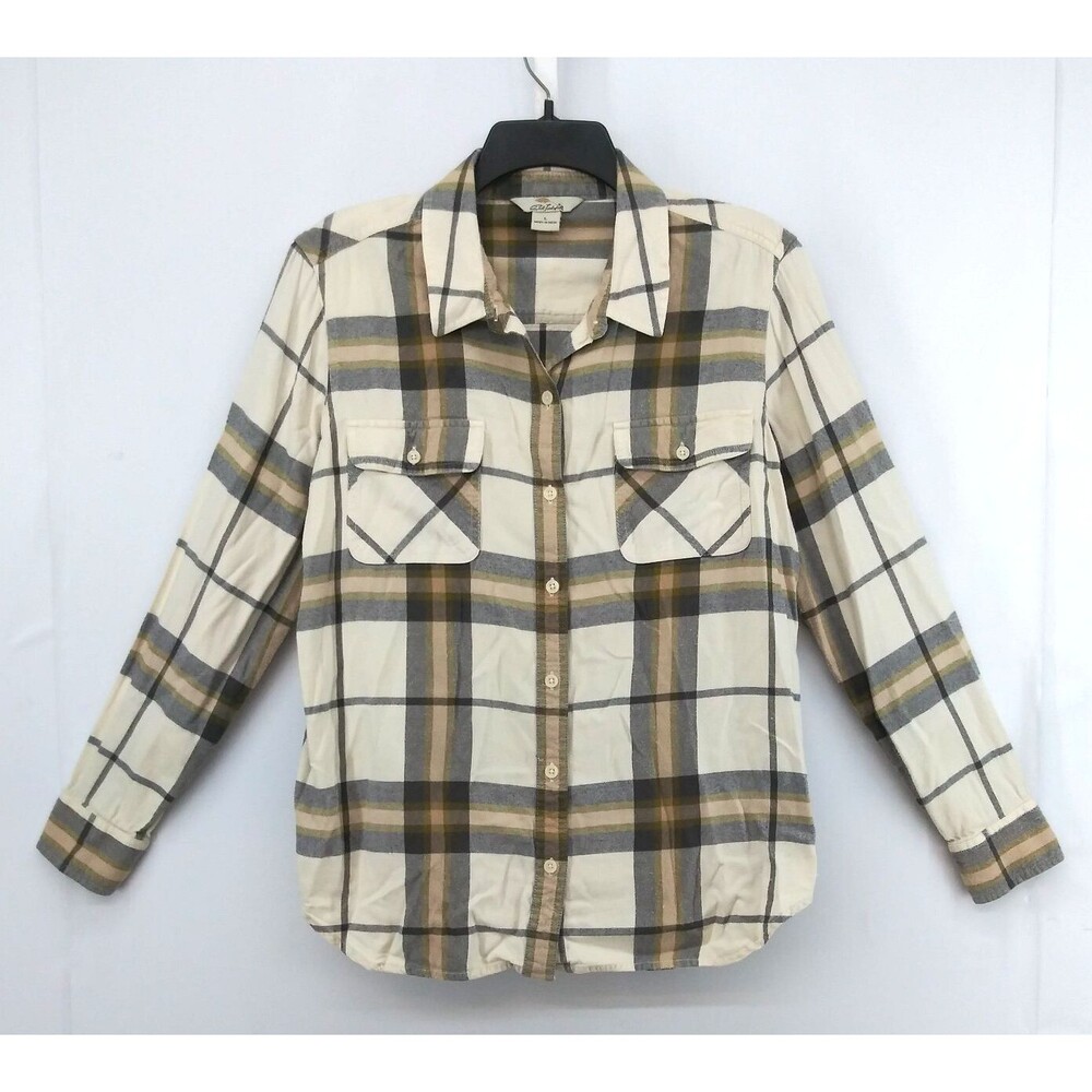 Bob Timberlake Shirt Women Size L Brown Tan Plaid Long Sleeve Casual Button Up